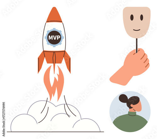 Rocket launching labeled MVP, hand holding a smiling face mask, and female avatar side profile. Ideal for startup, innovation, identity, creativity, self-expression, success business growth themes