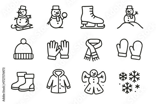 Winter collection snow icon hat ice hill snowball scarf vector coat