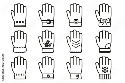 Glove knitted vector fur palms collection reinforced patterns lining wrist icon buckles