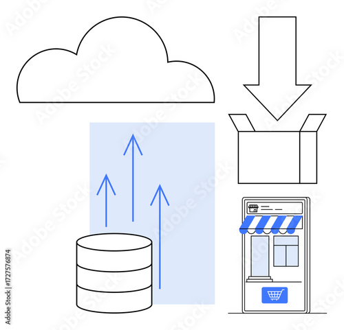 Cloud, database, upward arrows, delivery box, and storefront icon highlight data storage, online business, growth, and seamless logistics. Ideal for e-commerce cloud solutions tech innovation