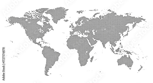 A detailed world map illustration composed of numerous small black dots, showcasing all continents and countries against a clean white background, symbolizing global connectivity and information