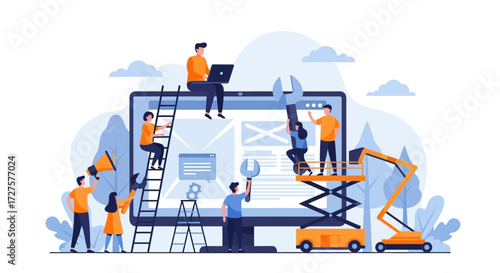 A diverse team of professionals collaborates on a large computer screen, using ladders and lifts to build and repair a website, symbolizing teamwork and digital development