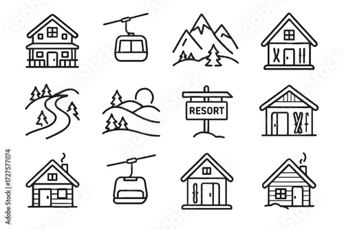 Rental lodge ski vector trail resort lift mountain shop hut icon