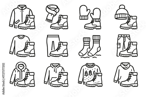 Parka outfit paired layered thermal winter vector icon gloves clothing socks icons