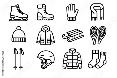 Icons winter insulated scarf trekking icon vector hat boots socks poles gear