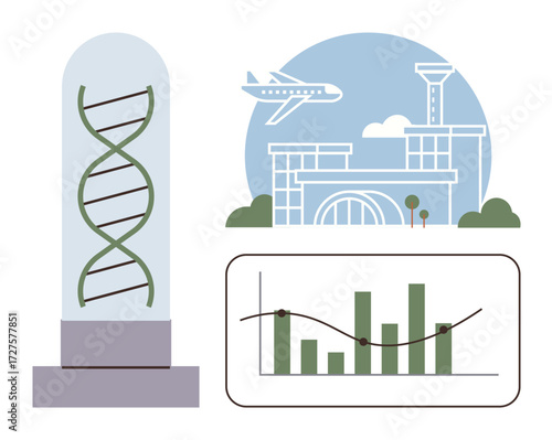 DNA helix in a glass case, airport buildings with airplane above, bar graph with trend line. Ideal for biotechnology, travel, data analysis, infrastructure, innovation transport growth. Simple flat