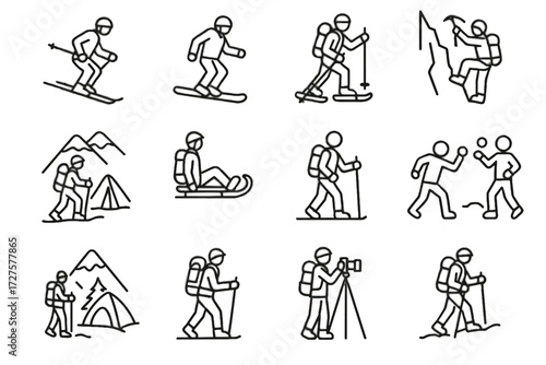 Icon mountaineering activity snowboarding snowball vector icons photography snow trekking winter sledding