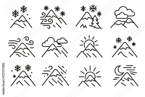 Vector foggy weather mountain overcast rain snowfall blizzard wind icon snowy twilight