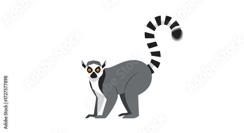 A cute ringtailed lemur with its iconic black and white striped tail is depicted in a stylized illustration against a plain white background