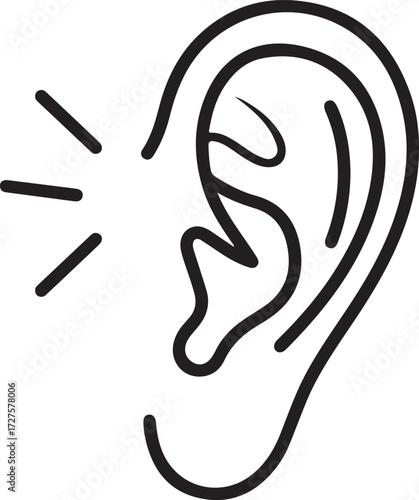 Simple line drawing of an ear with sound waves emanating