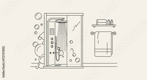 A modern line art illustration depicts a luxurious shower cabin with running water and bubbles, accompanied by a shelf with toiletries and a neatly hung towel