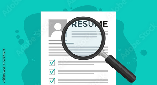 A magnifying glass is used to closely examine a resume document, highlighting the detailed analysis involved in the job application and recruitment process