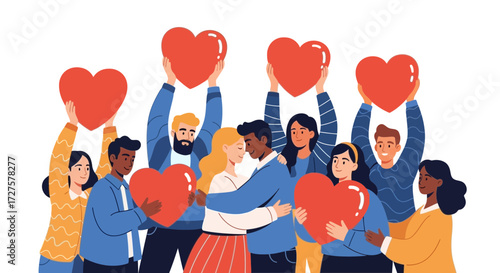 A diverse group of people joyfully holding red heart symbols high in the air, celebrating love and unity