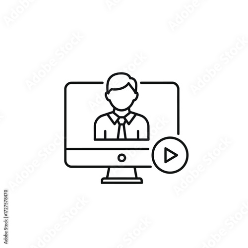 Vector art of online video tutorial showing a man on a computer screen with a play button, suggesting a virtual learning experience