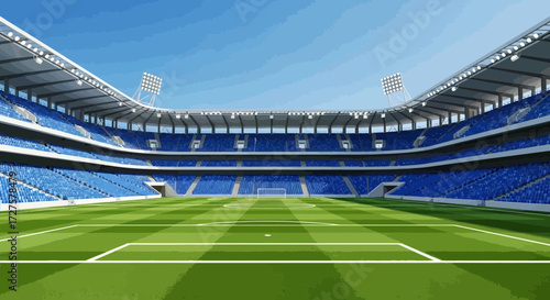 A vast, empty football stadium with bright blue seats and a perfectly manicured green pitch under a clear blue sky, ready for the next match