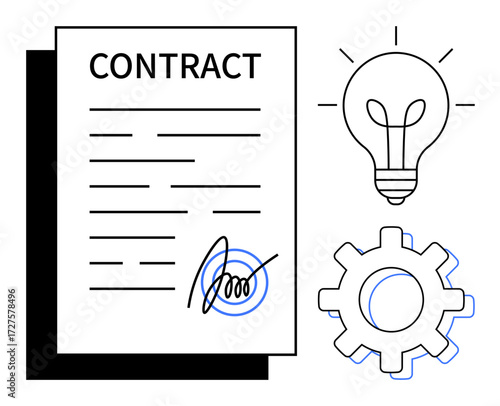 Signed contract document, gear symbolizing process, and light bulb representing ideas. Ideal for themes of business, agreement, innovation, teamwork, productivity creativity collaboration. Simple
