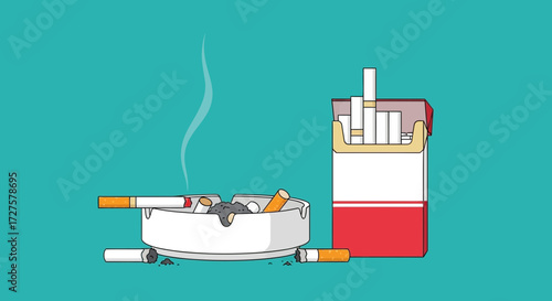 A pack of cigarettes stands next to a full ashtray with smoking cigarettes and discarded butts on a teal background