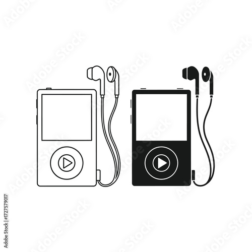 Vector art of two mp3 players with earphones, one in black and white, the other in black, offering a vintage music experience