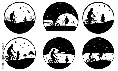 Silhouette scenes of father and child biking in oval frame designs