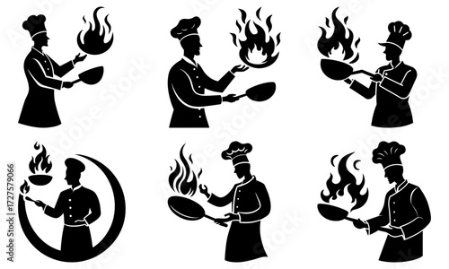 Black silhouette of chefs cooking with flames and pans in various poses