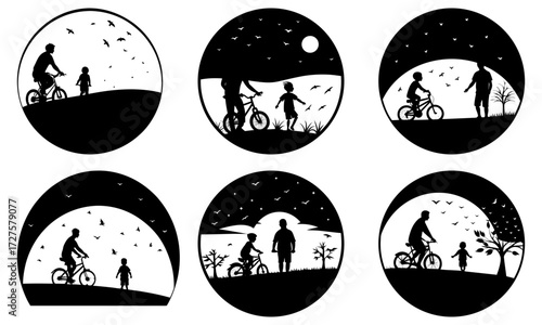 Silhouetted scenes of parent and child biking in oval compositions
