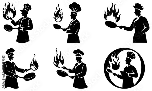 Silhouetted chefs with frying pans and flames in various compositions