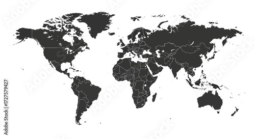 A detailed world map showcasing all continents and countries in a dark gray silhouette against a clean white background, representing global geography and international connections