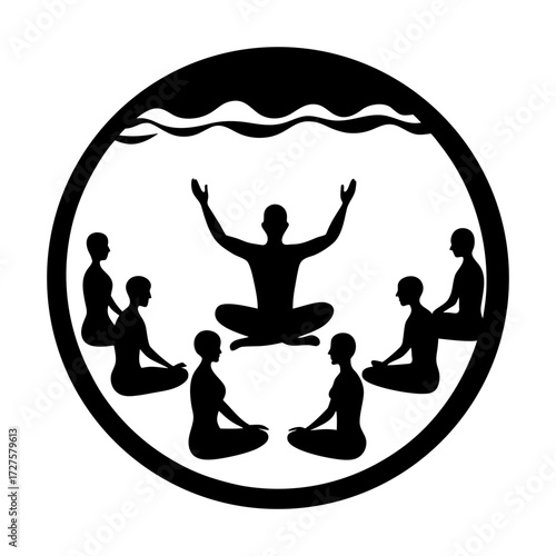 Silhouette of a group meditation session in a circle under wavy lines