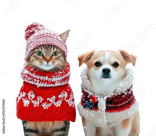 Cat and dog wearing cozy Christmas sweater with pattern and Christmas hat sitting on transparent background, png
