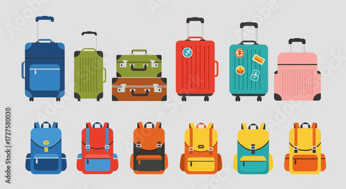 A vibrant collection of colorful travel luggage and backpacks, showcasing various styles and designs for journeys and adventures