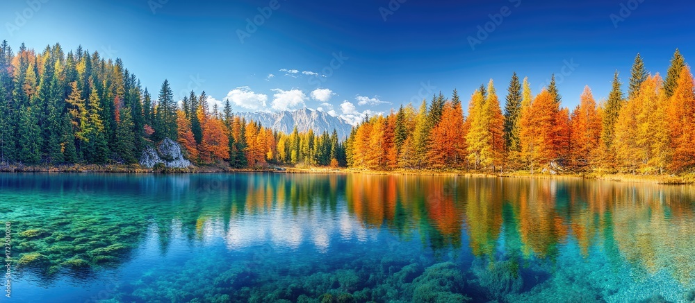 Naklejka premium Autumnal Lake Reflection: Vibrant Forest, Crystal Waters, Mountain Backdrop, Serene Landscape.