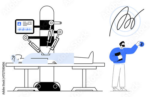 Robotic arm performing surgery on patient while doctor manages diagnostic data using tablet. Ideal for medical innovation, robotics, AI in healthcare, surgery, automation, technology, healthcare