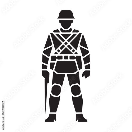 Stylized black silhouette of a historical soldier in uniform holding a rifle silhouette