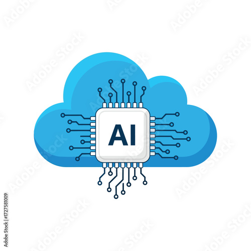 Vector art of artificial intelligence cloud computing concept showing a chip with ai abbreviation over a blue cloud in vector format