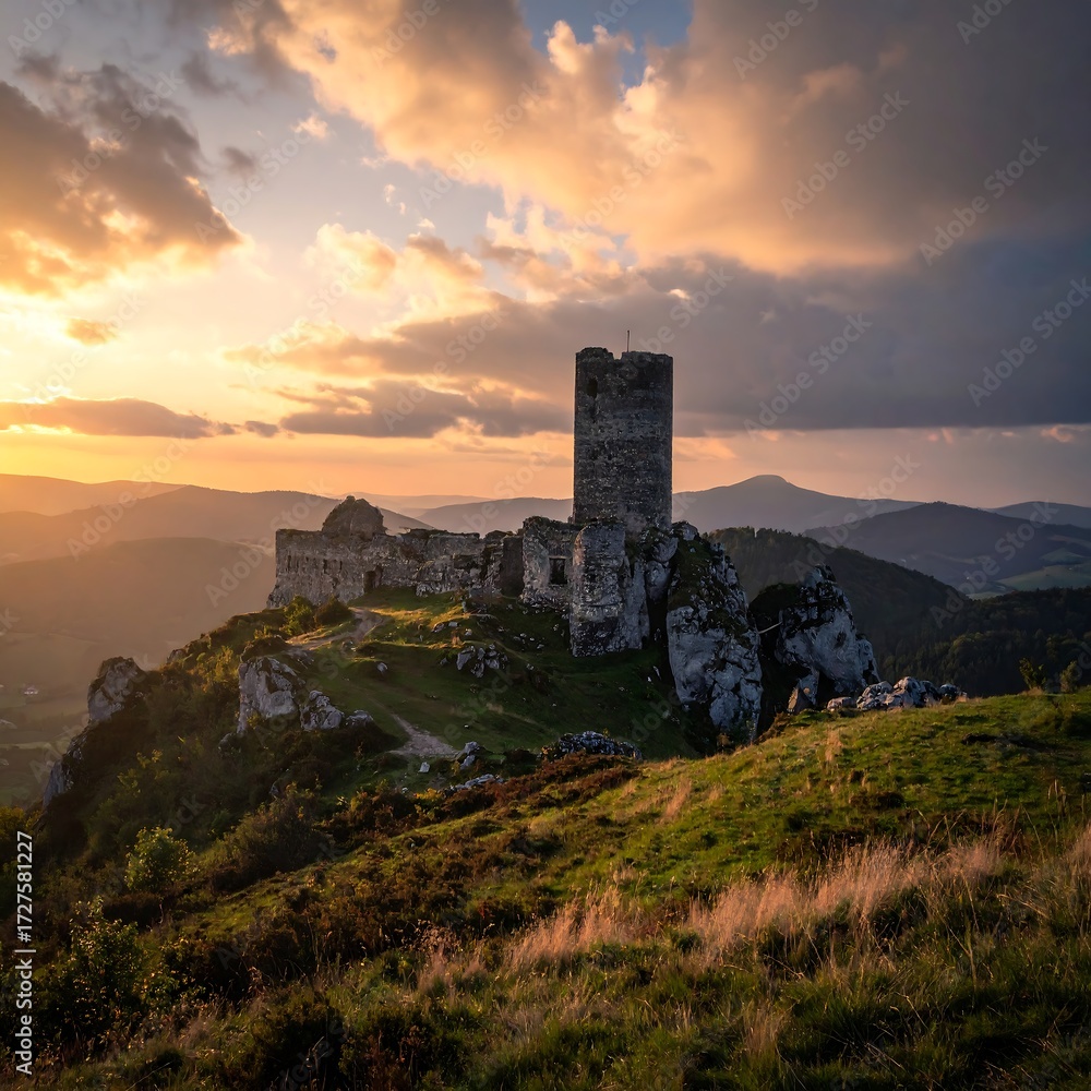 Obraz premium Sunset illuminates ancient stone castle ruins perched atop a hill, overlooking a valley