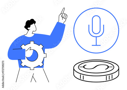 Person holding gear pointing upward beside microphone and coin outline. Ideal for innovation, strategy, technology, finance, voice recognition, automation, creativity. Simple flat metaphor