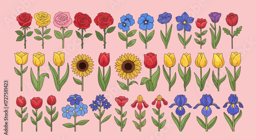 A vibrant collection of various flowers including roses, tulips, sunflowers, irises, and forgetmenots, arranged in rows against a soft pink background