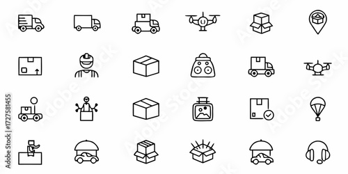 Streamlined logistics icons showcasing modern delivery methods including trucks, drones, and automated systems for efficient shipping and distribution solutions