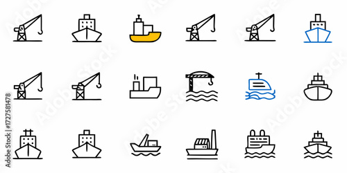 Essential maritime icons representing shipping logistics, cargo transport and harbor operations, perfect for navigation apps and port management systems, created from vector art