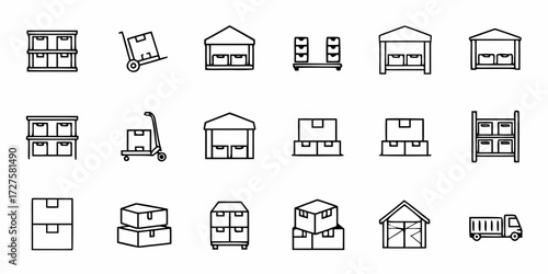 Dynamic warehouse icons showcase shipping boxes, storage shelves, hand trucks, and delivery vehicles for efficient logistics and supply chain visualization