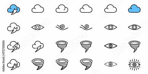 Dynamic collection of weather icons featuring lightning storms, clouds, tornadoes, and watchful eyes for impactful visual storytelling and modern design projects.