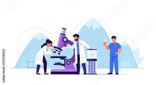 Scientists in a modern laboratory setting, collaborating on research with a large microscope and advanced equipment, symbolizing scientific discovery and medical innovation