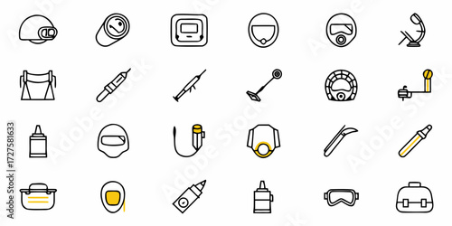 Dynamic collection of professional icons representing safety gear, tools, and industrial equipment, perfect for modern business and technology presentations, highlighting innovation and precision.