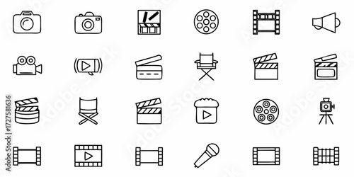 Captivating collection of film and media production icons, perfect for creative projects, broadcasting, and entertainment branding, offering dynamic visual storytelling elements.