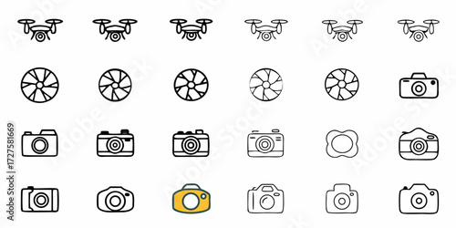 Captivating collection of simple drone and camera icons perfect for technology, photography, and innovation projects, offering versatile visual elements for modern designs.