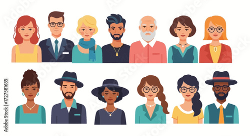 A diverse group of people with various styles and ages, showcasing individuality and community in a flat illustration style