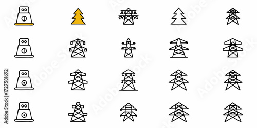 Dynamic collection of power line towers and electrical equipment icons, perfect for energy industry presentations, technical diagrams, and modern infrastructure concepts.