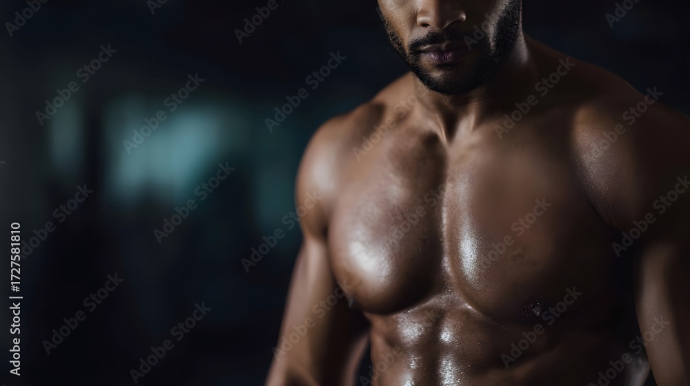 Fototapeta premium Close up of a fit man s muscular torso showcasing defined abs and chest under dramatic lighting
