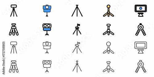 Discover a versatile collection of camera tripods and lighting equipment icons, perfect for enhancing your creative projects with a professional and modern touch.