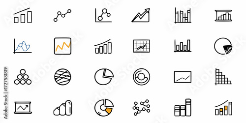 Dynamic collection of hand-drawn infographic icons showcasing diverse data visualizations and growth charts perfect for business reports, presentations, and financial analysis.